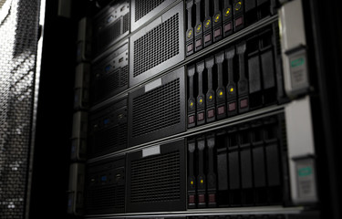 Rack mounted system storage blade servers background selective focus