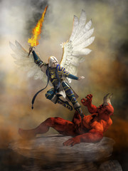 The archangel Michael wearing blue armed and with white feather wings spread holds a flaming sword as he flies into Satan who lays defeated upon a rocky ground raising a hand in defeat. 3D Rendering - obrazy, fototapety, plakaty
