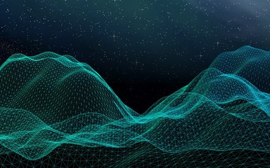 Abstract landscape on a dark background. Cyberspace grid. hi tech network. Outer space. Starry outer space texture. 3D illustration