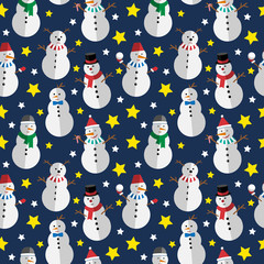 Bright seamless pattern. Vector snowman and stars.