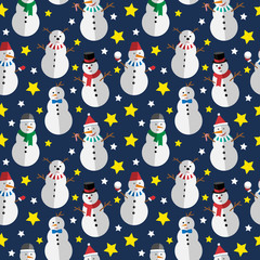 Bright seamless pattern. Vector snowman and stars.