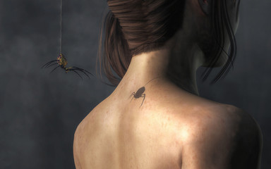 A large yellow and black spider descends on a strand of web behind a woman. Its shadow falls across the skin of the woman's neck and shoulder as it reaches for her like a vampire. 3D Rendering