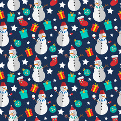 Bright seamless pattern. Vector cute snowman with gifts, christmas ball, sock and stars.