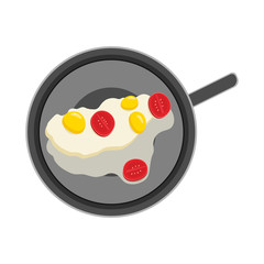 Vector flat illustration, eggs with tomatoes fried in a pan on an isolated white background. Healthy breakfast.