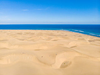 Aerial View of Sand Dunes in Gran Canaria with beautiful coast and beach, Canarian Islands, Spain