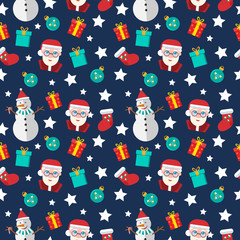Bright seamless pattern. Vector Santa with funny snowman, christmas ball, sock and gifts.