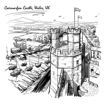 Caernarfon Castle, North Wales, UK, with a magnificent panorama of Snowdonia behind. Engraving style sketch. Vintage design. Travel sketchbook drawing. EPS10 vector illustration.