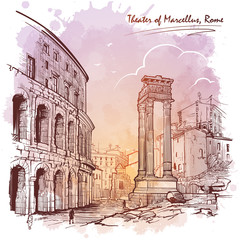 Theater of Marcellus and portico of Octavia in Rome, Italy. Monochrome linear drawing isolated on a textured grunge watercolor background. Vintage design. Travel sketchbook drawing. EPS10 vector