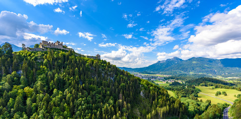 Suspension Bridge at Reutte between two hills in beautiful landscape Scenery of Alps, Tirol, Austria