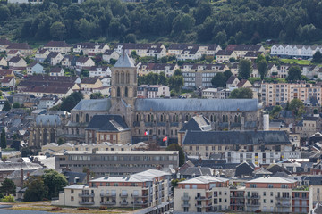 Fototapeta na wymiar Fécamp Abbey and the surrounding city, seen from the heights of Cap Fagnet