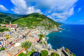 Vernazza Village at Cinque Terre National Park - View from castle to beautiful coast and village of Luguria, Italy