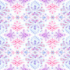 Hand drawn watercolor seamless pattern with paisley ornament