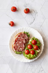 Fresh sandwiches with sausage, cheese, bacon, tomatoes, lettuce, cucumbers on a light background....