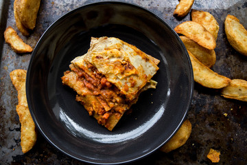 Italian Meat Lasagna and chips
