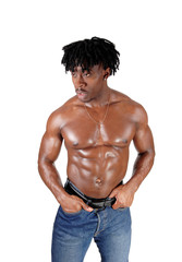African young man standing shirtless with his body