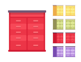Drawer wooden set. Home piece of furniture, box shaped storage compartment for kitchen, handy functional kit. Vector flat style cartoon illustration isolated, white background, different views, colors