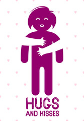 Hugs and kisses with loving hands of beloved person and kissing lips, lover woman hugging her mate and shares love, vector icon logo or illustration in simplistic symbolic style.
