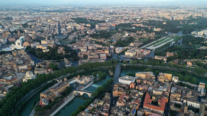 Fototapeta na wymiar Aerial view of Rome, Italy. Coliseum. Bird’s eye view of Italian ancient city.