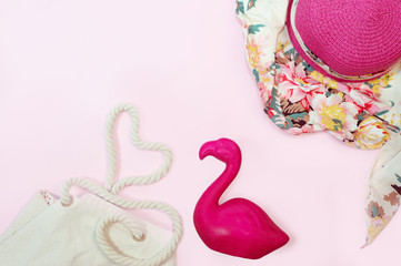 Tropical summer background with flamingo decor. View from above. Flat lay