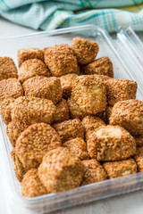 Turkish Salty Bakery Bagel Balls Kahke Simit with Sesame Seeds / Salted Snacks in Plastic Cup Package or Container.
