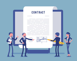 Electronic document signature, contract page on screen. Business people sign official paper, formal agreement, businessman with giant pen putting name. Vector illustration, faceless characters