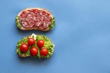 Fresh sandwiches with sausage, cheese, bacon, tomatoes, lettuce, cucumbers on a blue background. Horizontal orientation