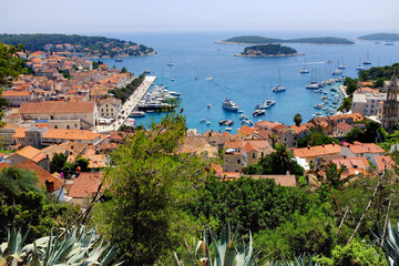 Obraz premium Hvar's harbor from the Spanish Fortress with a park in the foreground. Hvar is one of the most popular tourist destination of Croatia