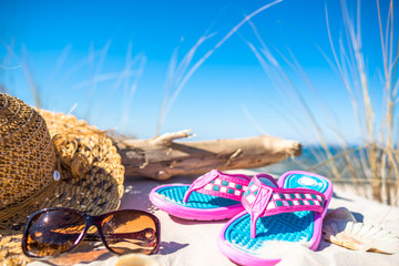 Flip flop and other beach accessories, summer holiday vacation landscape, Baltic Sea, Poland