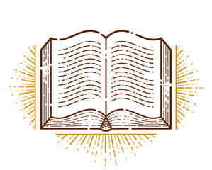 Vintage open book vector graphic design element, literature and reading theme, logo or icon or emblem trendy linear style.