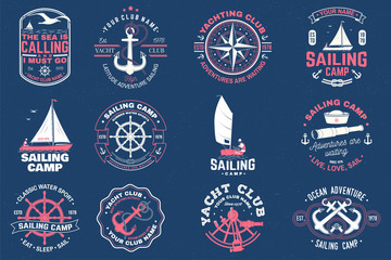 Sailing camp badge. Vector. Concept for shirt, print, stamp or tee. Vintage typography design with man in sailboats silhouette. Sailing on small boat. Ocean adventure. Classic water sport