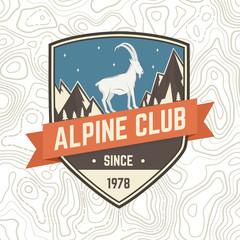 Alpine club patch. Vector. Concept for shirt or badge, print, stamp or tee. Vintage typography design with rock climbing Goat and mountain silhouette. Outdoors adventure emblem.