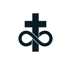 Obraz premium Immortal God conceptual symbol combined with infinity loop sign and Christian Cross, vector creative logo.