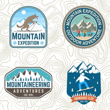 Set of mountain expedition and snowboard club patches. Vector. Concept for shirt or badge, print. Vintage typography design with mountaineers and mountain silhouette. Outdoors adventure emblems