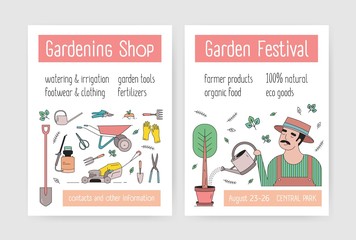 Bundle of flyer or poster templates with gardener in hat watering tree, gardening tools and agriculture equipment. Modern vector illustration in linear style for market or festival advertisement.