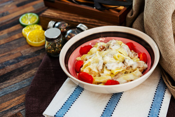 tasty Carbonara pasta on the table
