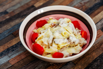 tasty Carbonara pasta on the table