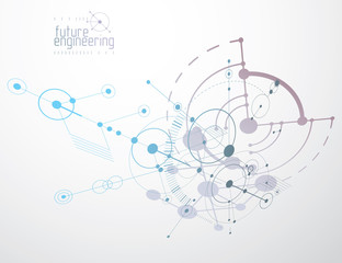 Obraz premium Mechanical scheme, vector engineering drawing with circles and geometric parts of mechanism. Technical plan can be used in web design and as wallpaper or background.