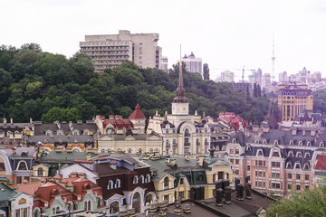 Beautiful multi-colored buildings below. City hero Kiev. European architecture. Stock photo