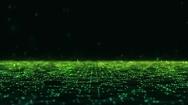 Abstract plexus geometrical shapes.Connection and web concept.digital,communication and technology network background with moving lines and dots and float particles, digits 0 and 1 as binary code.
