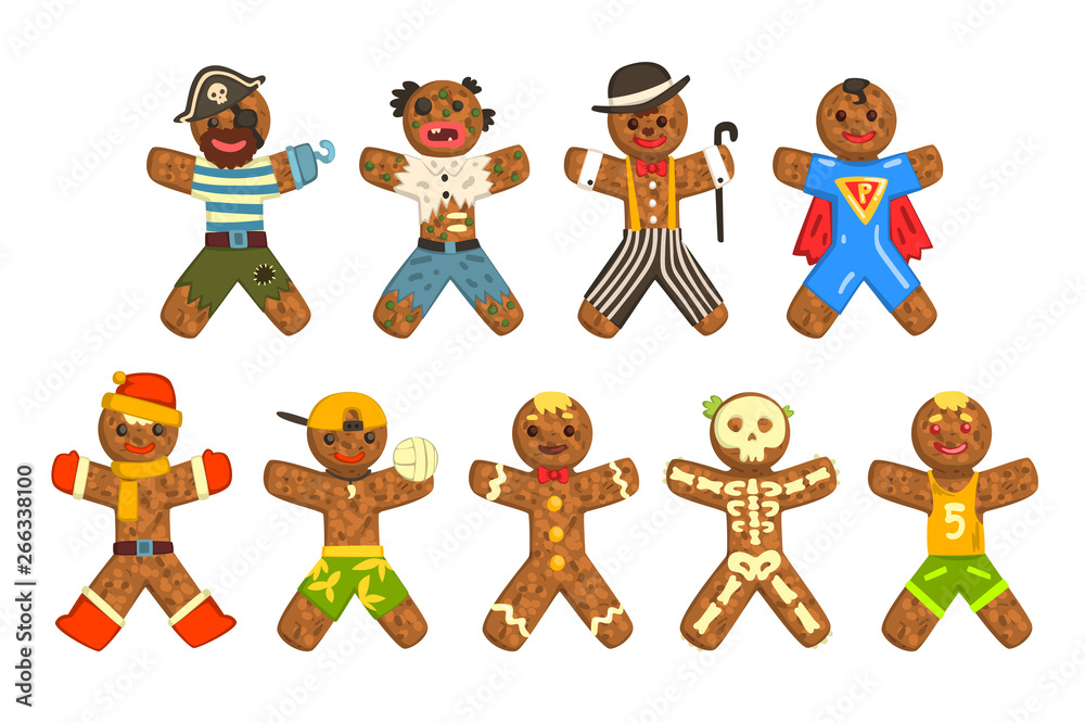 Wall mural gingerbread men wearing different costumes set, funny christmas characters ector illustration on a w