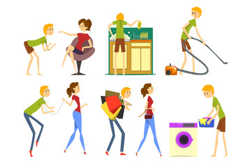 Henpecked man set, husband dominated by wife, househusband doing household cartoon vector Illustrations on a white background