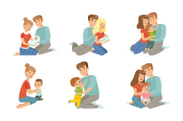 Happy parents embracing their kids set, mother and father hugging their children, happy family concept vector Illustration on a white background
