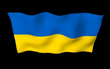 The flag of Ukraine on a dark background. National flag and state ensign. Blue and yellow bicolour. 3D illustration waving flag