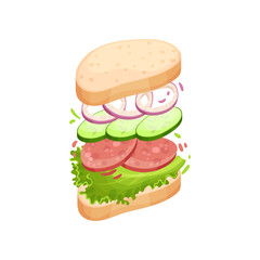 Sandwich on an oval piece of loaf with salami. Vector illustration on white background.