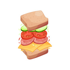 Sandwich on square slices of bread with salami. Vector illustration on white background.