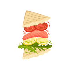 Sandwich on triangular toasts with red fish. Vector illustration on white background.