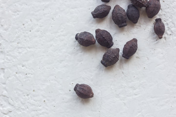 A heap of dried black flower seeds close-up on a white table background. planting season. close up top view copy space