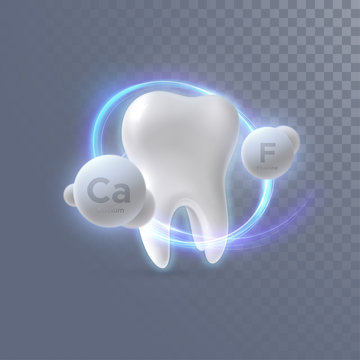 Realistic 3d tooth with calcium and fluorine particles isolated on transparent background. Vector dentistry illustration. Medical or healthcare concept. Teeth protection. Toothpaste ads design element