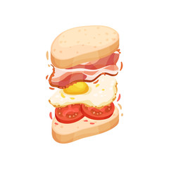 Sandwich on an oval piece of loaf with bacon. Vector illustration on white background.