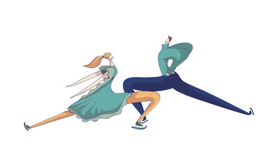 Pair of skaters in blue suits performs the element cowering. Vector illustration on white background.